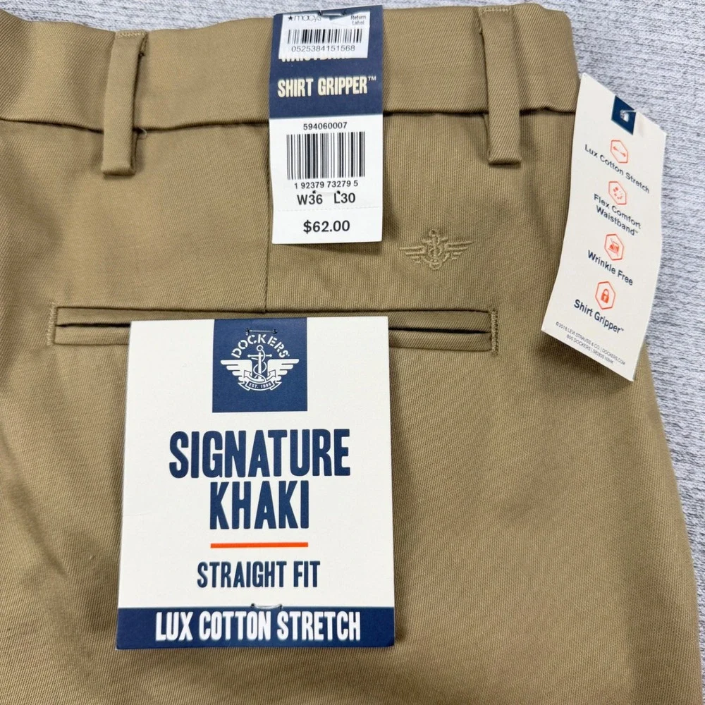 Dockers Signature Khaki Mens 36x30 Tan Straight Fit‎ Lux Cotton Stretch MSRP $62